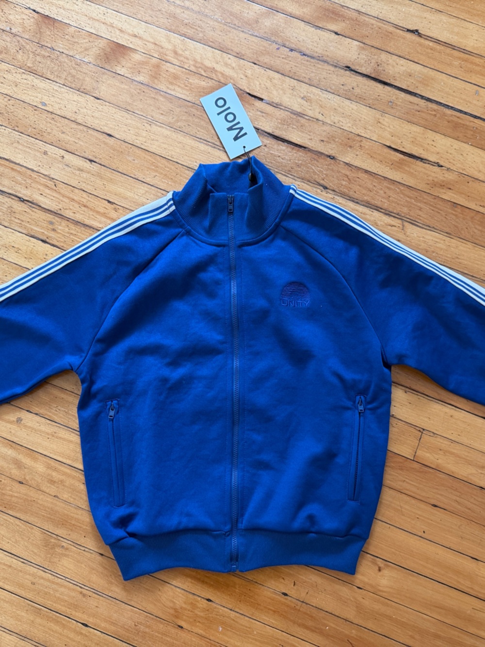 Molo Blue Kids Zip-Up Track Jacket with White Sleeve Stripes